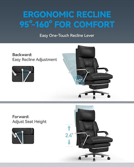 Reclining Office Chair with Footrest - 25.6" Wide Seat & Adjustable Seat Depth, Big and Tall High Back Leather Executive Home Office Desk Chair 400lbs, Black