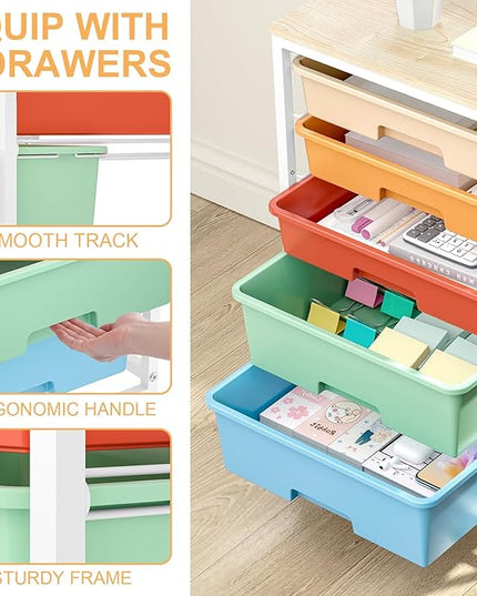 Craft cart,Rolling Cart with Drawers,Storage Cart with 5 Drawers and Wooden Tabletop for Under Desk Organizers and Storage,Macaron
