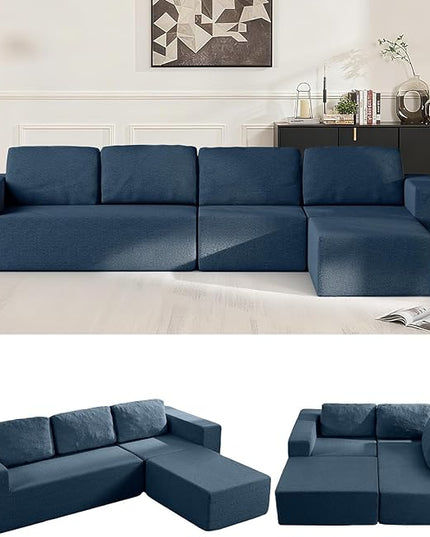 136" Modular Sectional Couch Left/Right Facing Convertible, L-Shape Modern Teddy Sofa, Deep Seat Upholstered Foam Couch for Living Room Bedroom, No Assembly Required (Blue, Teddy Boucle)