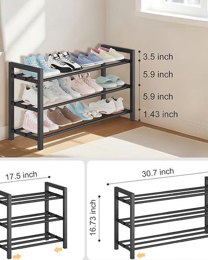 3-Tier Expandable Shoe Rack – Adjustable Heavy-Duty Metal Shoe Organizer Shelf for Closet, Entryway, Mudroom & Garage – Durable Freestanding Storage, Black