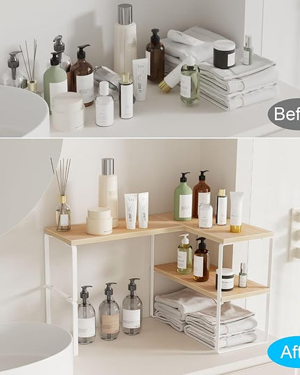 Large Countertop Organizer Corner Shelf, 2 Tier Adjustable Stackable Counter Shelves for Kitchen, Bathroom, Spice Rack, Coffee Bar, Over Sink, Dresser Table, Corner Counter Shelf Stand, Natural Beige