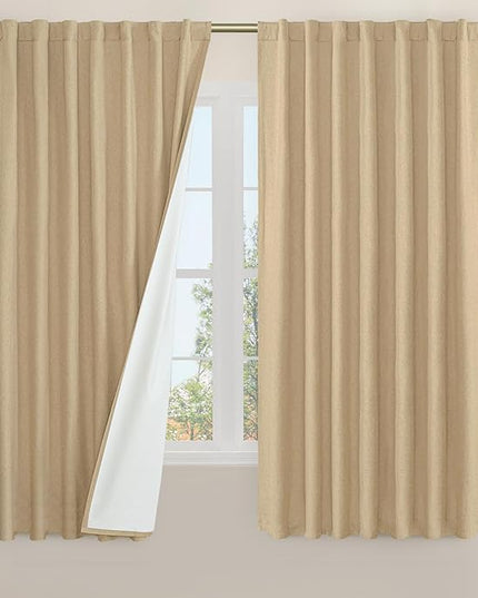 LAMIT 100% Blackout Linen Curtains 63 Inches Long, Linen Textured Living Room Burlap Bedroom Curtains Full Room Darkening Back Tab and Rod Pocket Panels with White Liner, 2 Panels, 60 x 63 Inch