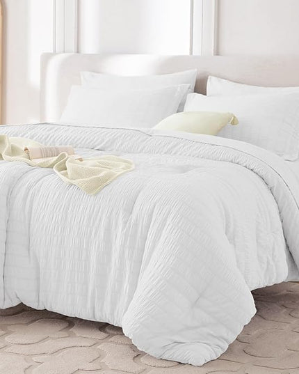 MUXHOMO 5 Pieces Twin Comforter Set, Seersucker Bed in a Bag Twin Size, All Season Luxury Bedding Set with Comforter, Flat Sheet, Fitted Sheet, Pillowcase & Sham, White