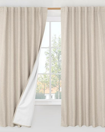 LAMIT 100% Blackout Natural Linen Curtains, 72 Inches Linen Textured Thermal Bedroom Curtains Back Tab and Rod Pocket Neutral Panels with White Liner for Farmhouse, 2 Panels, 52 x 72 Inch, Oatmeal