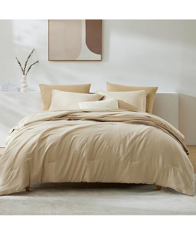 WRENSONGE Twin Comforter Set- 5 Pieces Beige, All Season Twin XL Bedding Sets with 1 Fitted Sheet, 1 Flat Sheet, 1 Pillow Sham and 1 Pillowcase