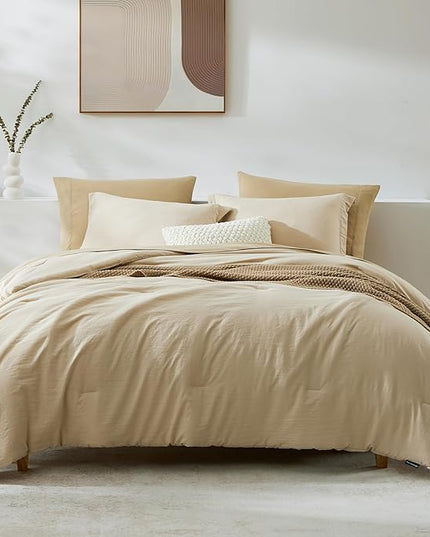 WRENSONGE Oversized Queen Comforter Set - 7 Pieces Beige Bed in a Bag Queen with Sheets, 2 Pillow Shams, and 2 Pillowcases- Warm Bedding Sets Queen for All Season