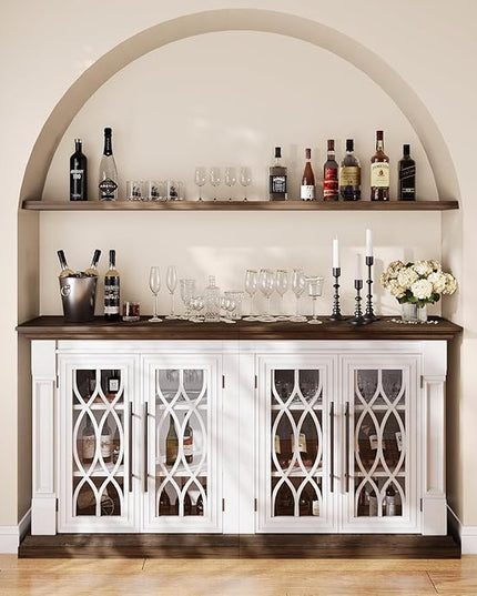 LGHM 60" Sideboard Buffet Cabinet with 4 Screen-Printed Glass Doors, Storage Cabinet with 2 in 1 Modular Design, Versatile Modern Credenza with Adjustable Shelves for Kitchen & Living Room