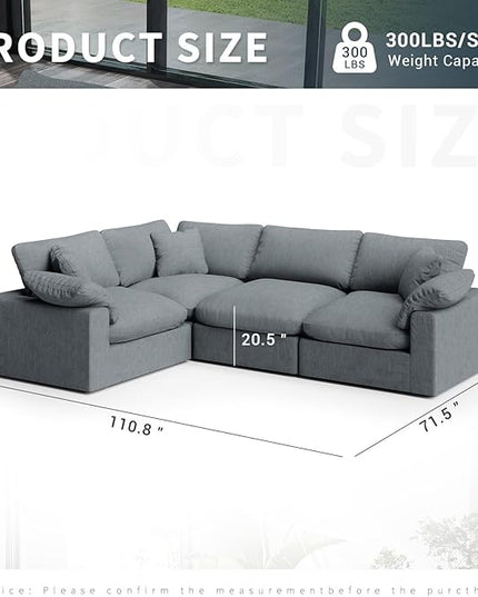 189.4" Modular Sectional Sofa Cloud Couch,4 Seat Down Filled L Shape Comfy Cloud Modern Sofa,Oversized Couch Cushion Covers Removable for Living Room,Light Blue