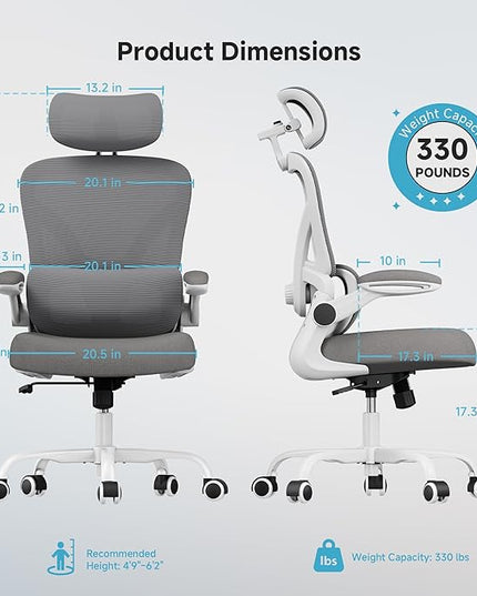 Ergonomic Office Chair with Adjustable Lumbar Support & Headrest, 330 LBS High Back Mesh Chair with Flip-up Armrests for Long Hours, Home Office Desk Chair, White and Gray