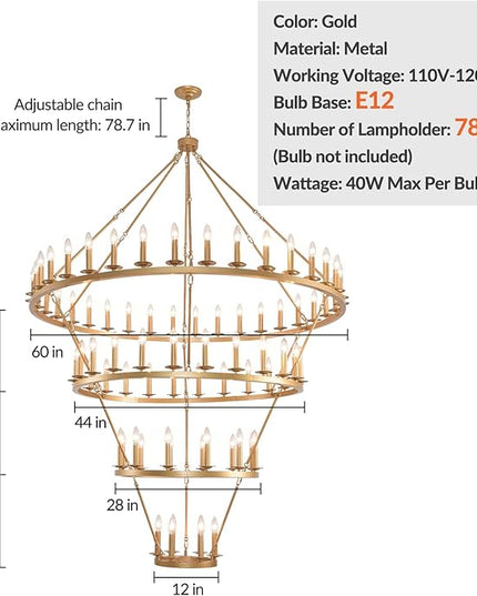 4 Tier Gold Wagon Wheel Chandelier,Extra Large 60-Inch 78-Light Circle Light Fixture,Round Chandeliers for Foyer Entryway Dining Room Living Room High Ceilings
