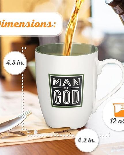 Christian Art Gifts Inspirational Ceramic Coffee & Tea Scripture Mug for Men: Man of God Encouraging Bible Verse, Durable Microwave & Dishwasher Safe Novelty Drinkware, White & Forest Green, 12 oz.