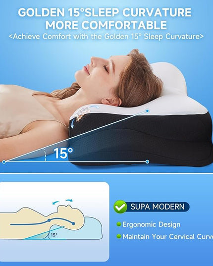 SUPA MODERN Cooling Cervical Neck Pillow for Sleeping, Contour Side Sleeper Pillow for Adults, Ergonomic Memory Foam Orthopedic Neck Pain Relief, Stomach Sleeping with Luxury Cool Cover