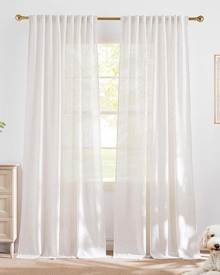 NICETOWN Natural Thick Linen Blend (230GSM) 108 inch Long Curtains for Living Room, Back Tab & Rod Pocket with Pleat Tab Privacy Window Treatments Light Filtering Drapes, W52 x L108, 2 Panels