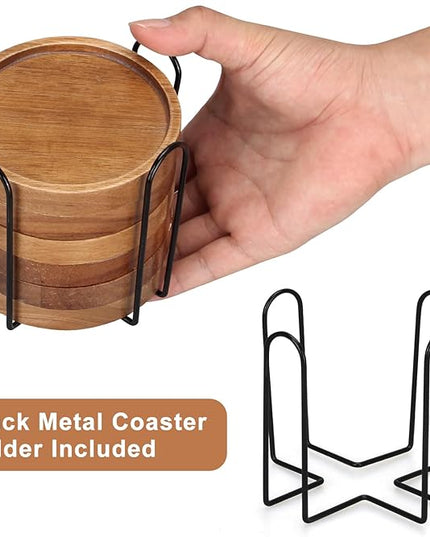 6 Pcs Best Wooden Coasters with Holder Coffee Table Decor Acacia Wood Coaster Set Modern Cup Coaster for Drink Home Dining Table Kitchen Accessories Cute Beer Bar Decorative Rustic Outdoor Coasters