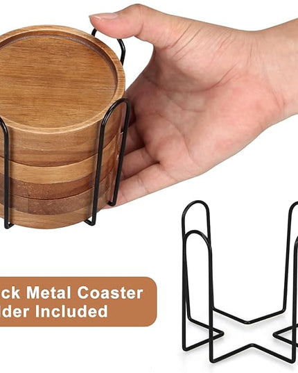 Rustic Wooden Coasters Set of 8 Farmhouse Coffee Table Decor Acacia Wood Drink Coaster with Holder Modern Outdoor Bar Cool Cup Costers Kitchen Accessories Decoration Home Dining Coasters Gift