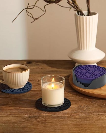 4 Inch Silicone Coasters Set of 6, (Black, Blue, Purple) Absorbent Non-Slip Drinks Coaster for Protecting Coffee Tables/Desks, Perfect for Home, Kitchen, Living Room & Office