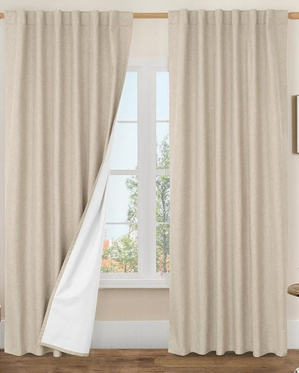 LAMIT 100% Blackout Linen Curtains, 84 Inch Linen Textured Living Room Farmhouse Curtains Room Darkening Back Tab and Rod Pocket Burlap Neutral Panels with White Liner, 2 Panels, 52 x 84 Inch