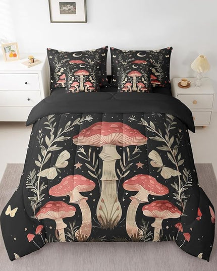 Feelyou Mushroom 7 Piece Bedding Set Queen Size Wild Fungus Comforter Set with Sheets for Kids Adult Botanical Plants Bed in a Bag Butterfly Bed Set
