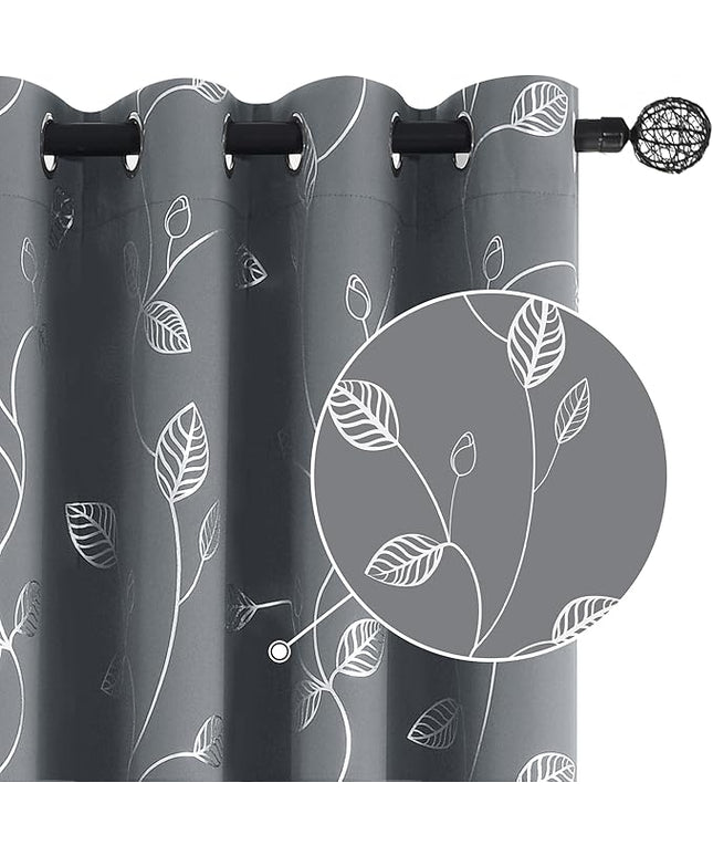 BUHUA Heat Blocking Curtains, Black Out Curtains 95 Inch Long 2 Panels Burg, Soundproof Curtains with Silver Leaf Printed (52 x 95 Inch, Light Grey, Set of 2 Panels)