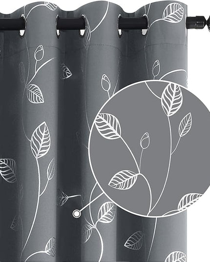 BUHUA Wave Silver Leaf Print Blackout Curtains for Living Room Darkening Curtains Light Blocking Curtains for Bedroom 38W×84L Light Grey 2 Panels