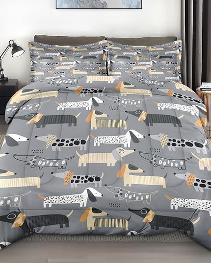 Comforter Set Full Size, Cute Dog Pet Soft 3 Pcs Bedding for Kids and Adults Cartoon Nursery Animal Dachshund Comforter Set with 2 Pillowcases for Bedroom Bed Decor