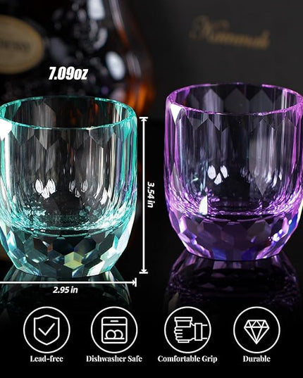 KAMMAK Crystal Whiskey Glasses Set of 2, 7oz Old Fashioned Glasses Stemless, Hand Blown Colored Cocktail Glasses, Engagement Gifts for Couples, Women, Men