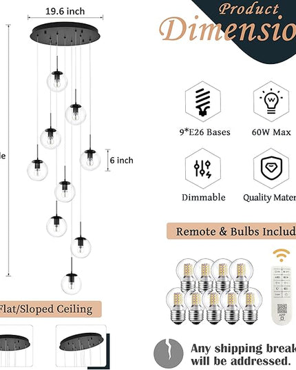 KoKo&Yukina 9-Light Globe Glass Pendant Light Adjustable Length Pendant Lights Fixtures Modern Black Clear Globe Glass Chandelier High Ceiling Lights Fixtures for Foyer Staircase (Bulb & Remote Incl)