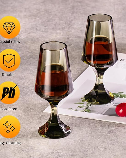 KAMMAK Crystal Snifter Glass Set of 2 - Hand Blown Stemmed Whiskey Glass for Bourbon-2.37oz, Brandy & Cognac with Delicate Rim, Colored Elegant Etched Detailing, Luxury Barware for Tasting & Gift
