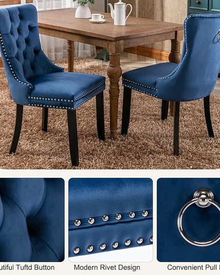 Modern 5-Piece Glass Dining Table Set for 4, Modern 60" Rectangle Black Glass Dining Room Table Set with Blue Velvet Tufted Chairs Wood Legs for Kitchen Dining Room
