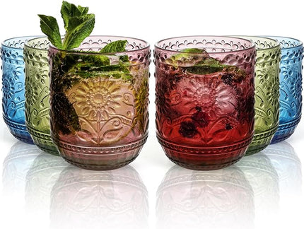 Glass Cups, Vintage Glassware Drinking Glass Set of 6, 12oz Colored Glassware with Sunflower Design, Embossed Floral Decorative Glasses Drinking Set for Cocktail, Wine, Vintage Drinking Glasses