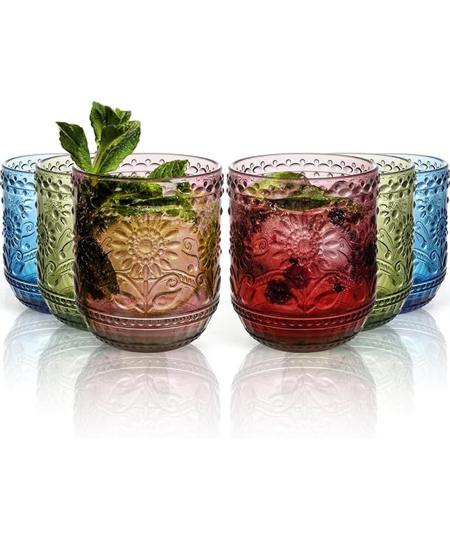 Glass Cups, Vintage Glassware Drinking Glass Set of 6, 12oz Colored Glassware with Sunflower Design, Embossed Floral Decorative Glasses Drinking Set for Cocktail, Wine, Vintage Drinking Glasses