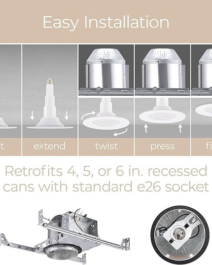 Just Screw Me in 6in LED Recessed Retrofit Light for E26 or Medium Base 4, 5, or 6 Inch Recessed Cans with Telescoping Neck and 5-CCT 2700-3000-3500-4000-5000K in White (Pack of 4)
