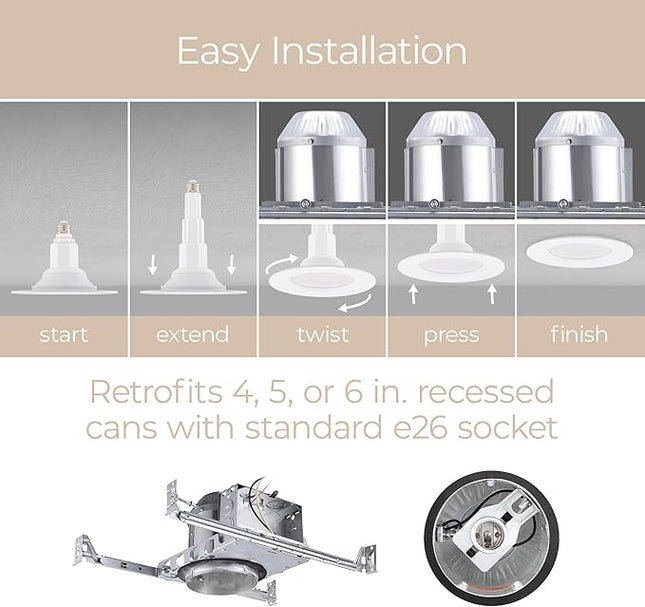 Just Screw Me in 6in LED Recessed Retrofit Light for E26 or Medium Base 4, 5, or 6 Inch Recessed Cans with Telescoping Neck and 5-CCT 2700-3000-3500-4000-5000K in White (Pack of 4)