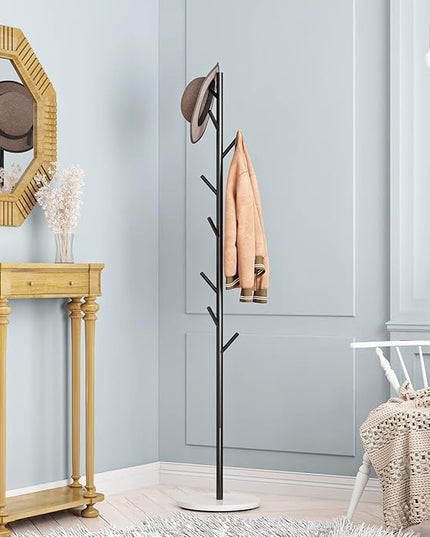 Black Metal Coat Rack, Freestanding with Hooks, Entryway Coat Rack Stand, Coat Racks with Marble Base, Coat Tree for Hanging Clothes, Hats, Bags
