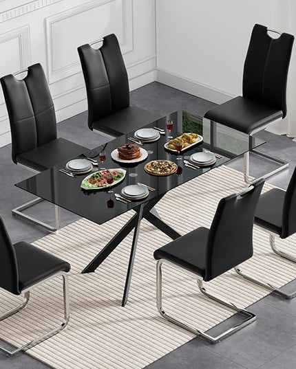 7 Piece Glass Dining Table Set, Glass Kitchen Dining Room Table Set for 6, Modern 51" Rectangular Black Glass Metal Dining Table with 6 Black Leather Dining Chairs for Kitchen Dining Room