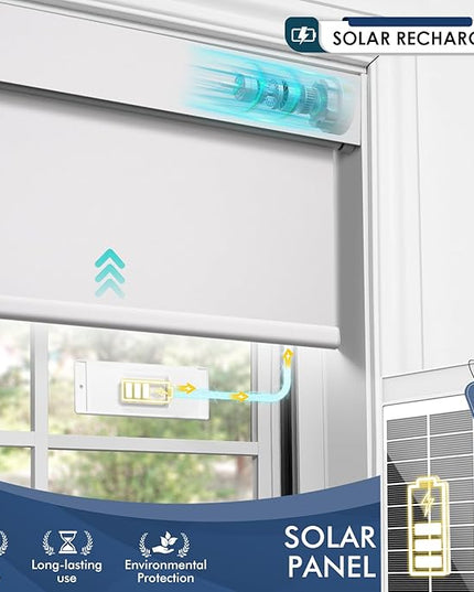 Motorized Blinds with Remote,Solar Panel Rechargeable Roller Shades,Automatic Blinds for Indoor Windows, Horizontal Wireless Electric Cordless Blinds with Cover Custom White