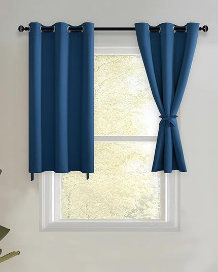 JIUZHEN Blackout Curtains with Tiebacks-Thermal Insulated, Light Blocking and Noise Reducing Grommet Curtain Drapes for Bedroom/Living Room, Set of 2 Curtain Panels, 34 x 24 Inch Length, Classic Blue