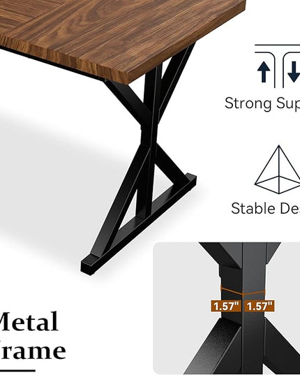 70.8 Inch Rectangular Dining Table for 6-8 People, Farmhouse Kitchen Table with Metal Base & Solid Wood Top, Easy Assembly, Water-Resistant, for Dining Room & Kitchen, Walnut & Black