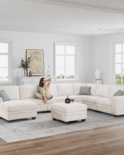 Legend Vansen Sectional Couches for Living Room,L-Shaped Corduroy Sofa with Ottoman for Living Room,Bedroom and Apartment (Cream, U-9)