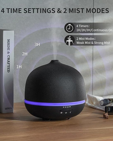 Wanlola 500ml Essential Oil Diffuser,Black Large Ceramic Diffusers,Ultrasonic Cool Mist Humidifier with 4 Timer & 10 Colors Light for Home,Gift