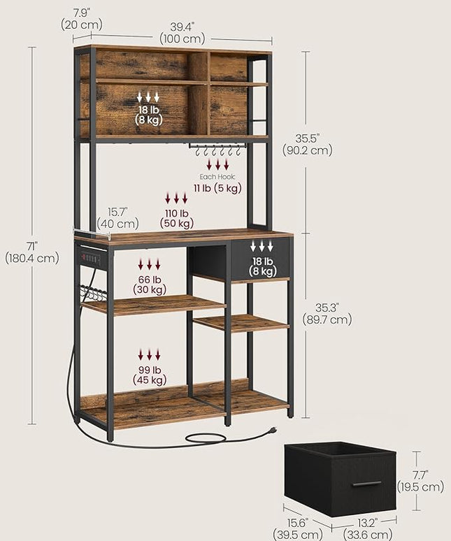 VASAGLE Bakers Rack with Charging Station, Coffee Bar, 15.7 x 39.4 x 71 Inches, Kitchen Microwave Stand, Adjustable Storage Shelves, Fabric Drawer, 12 Hooks, Rustic Brown and Ink Black UKKS027K01