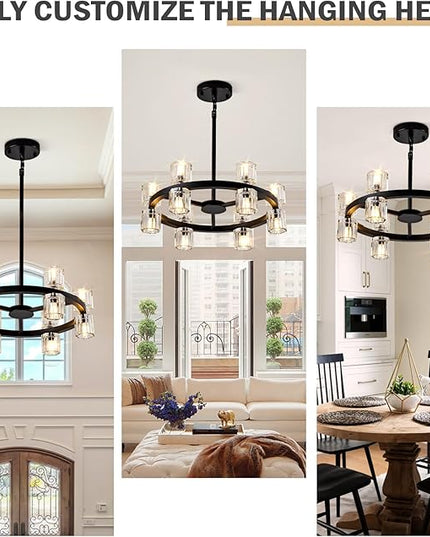 18'' Modern Large Chandelier, 12-Light Elegant Crystal Chandeliers for Dining Room, Black Farmhouse Round Wagon Wheel Pendant Lighting Fixture with Glass Shade for Living Room High Ceilings Entryway