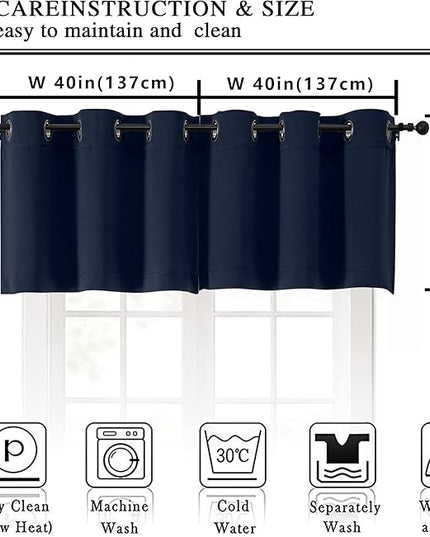 Simplebrand Navy Blue Kitchen Valances for Windows 18 Inches Long 2 Pack, Room Darkening Window Valances for Living Room, Grommet Short Straight Drape Kitchen Curtains for Bedroom Kids Room, 40Wx18L