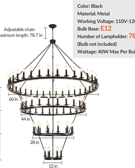 4 Tier Black Wagon Wheel Chandelier,Extra Large 60-Inch 78-Light Circle Light Fixture,Round Chandeliers for Foyer Entryway Dining Room Living Room High Ceilings