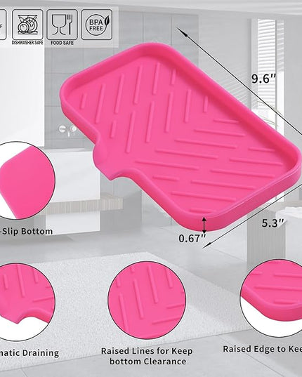 Silicone Bathroom Soap Dishes with Drain Spout-Bathroom and Kitchen Sink Organizer,Sponge Holder,Dish Soap Tray,Perfect for Dispenser,Scrubber,Bottle,Cup on Sink or Counter-Rose 9.6"×5.3"