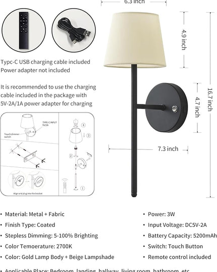 Battery Operated Wall Sconce Set of 2, Small LED Rechargeable Wall Lights with Remote, 5200mAh Dimmable Fabric Shade Cordless Wall Lamp for Bedside, Bedroom, Hallway, Living Room, Gifts (Black)