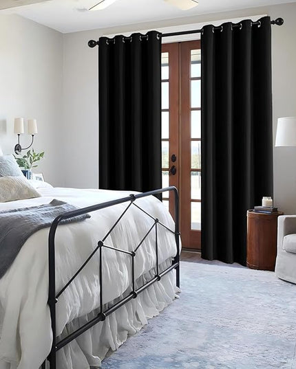 Black Blackout Curtains 96 Inch Length 2 Panels Set, Black Out Curtains for Bedroom 96 Inch Long, Grommet Energy Saving Room Darkening Drapes for Living Room Window(W52 x L96)