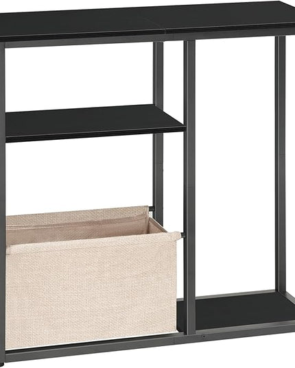 HOOBRO 30" Console Table with Linen Storage Basket, Small Entryway Table with 3-Tier Storage Shelves, Sofa Table, Behind Couch Sofa Table, Narrow Hallway Table, Black and Beige BF60XG01