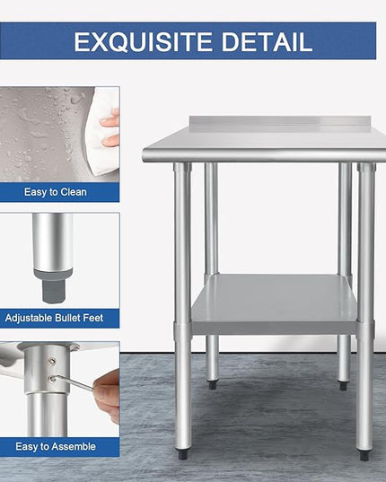 HARDURA Stainless Steel Table Prep & Work Table 24 x 30 Inches NSF Heavy Duty Commercial with Undershelf and Backsplash for Restaurant Kitchen Home and Hotel