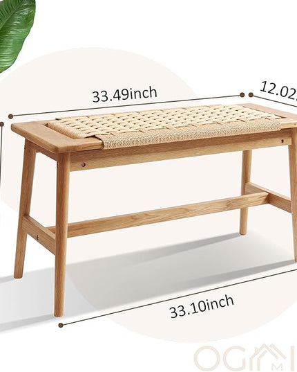 OGMILL 33.5" L Wood Dining Bench Indoor, 100% Natural Solid Oak Bed Bench Hand Woven Enterway Bench Small Bench for Dining Room, Bedroom, Kitchen (Natural)